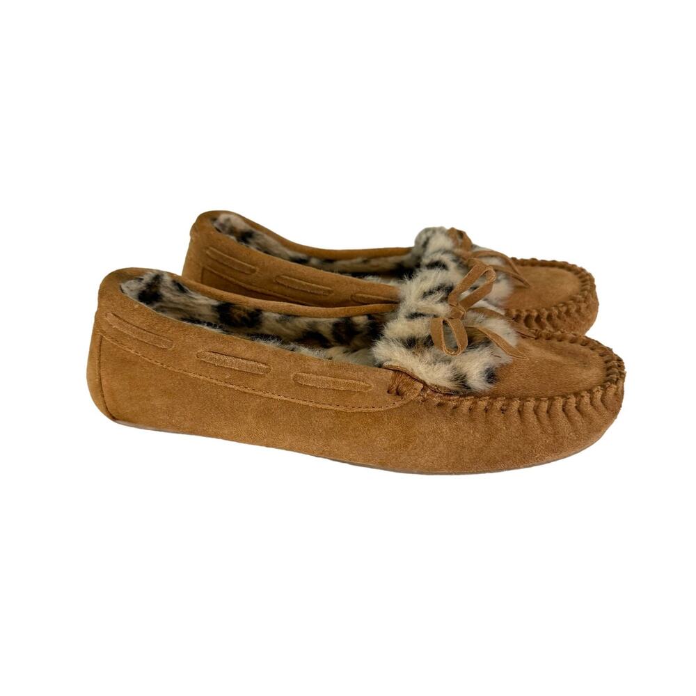 Minnetonka Moccasin Slippers Womens 5 Tan Suede Faux Fur Leopard Boho Comfy Cozy